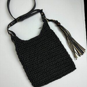 Sun N' Sand Black Macramé  Woven Crossbody Purse Boho Tassel